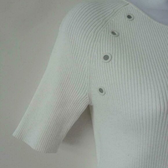 New AKRIS White Round Neck Short Sleeve Cotton Knit Top Rib Eyelet Detail 8, 10 - Picture 4 of 7